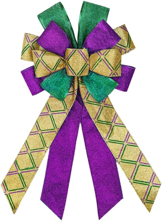 Mardi Gras Wreath Bows Mardi Gras Decor Bow Purple Strips Plaid Burlap Bows for Wreaths, Mardi Gras Ribbon Bows Tree Topper Bows for Mardi Gras Home Indoor Outdoor Decoration Wreath Ornament Supplies