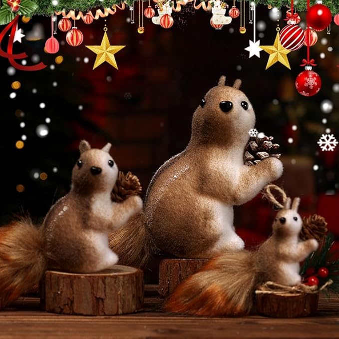 Cute Furry Christmas Squirrel Ornaments, Squirrel Christmas Ornament – 5.5" Foam Plush Woodland Decoration with Lifelike Details, Lightweight & Durable (A)