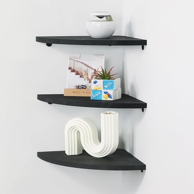 Joiishom Corner Wall Shelf Set of 3, Floating Corner Shelves, Rustic Wood Wall Storage Display Shelves for Living Room Bedroom Bathroom Kitchen (Round Edge-Black)