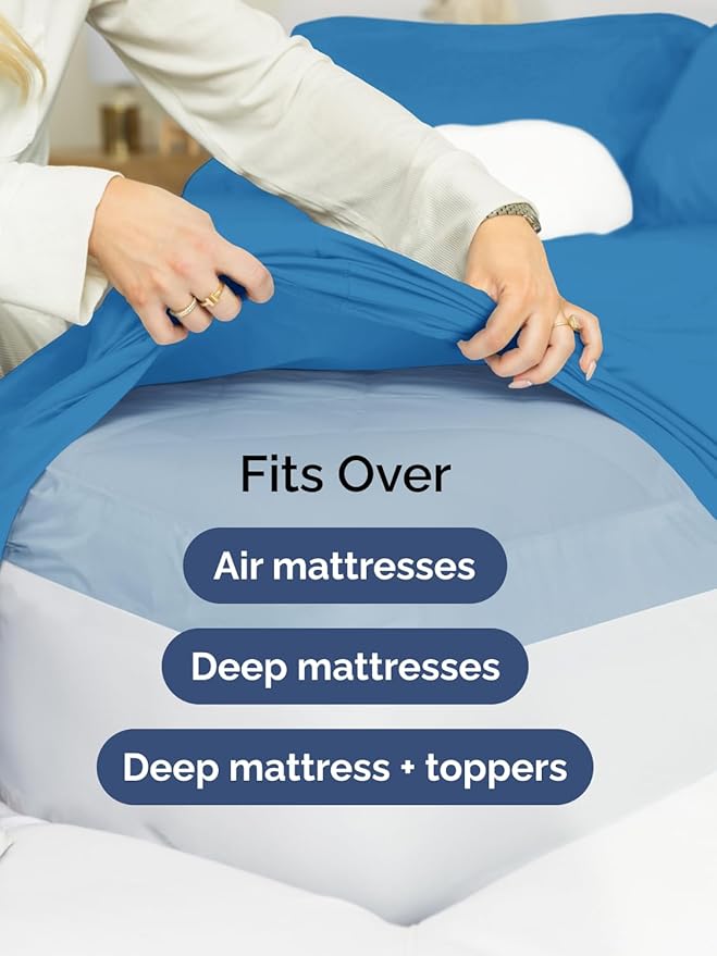Extra Deep Split King Sheet Set - 7 Piece Breathable & Cooling Sheets - Hotel Luxury Bed Sheets Set - Easy Fit - Soft, Wrinkle Free & Comfy Sheets Set - Denim Blue Sheet Set with Extra Deep Pockets