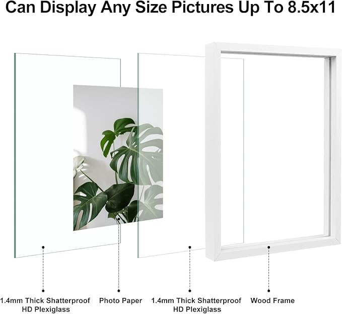 Egofine 8.5x11 Floating Frames Set of 2, Double Plexiglass Picture Frame, Made of Solid Wood Display Any Size Photo up to 8.5x11, Wall Mount or Tabletop Standing, White
