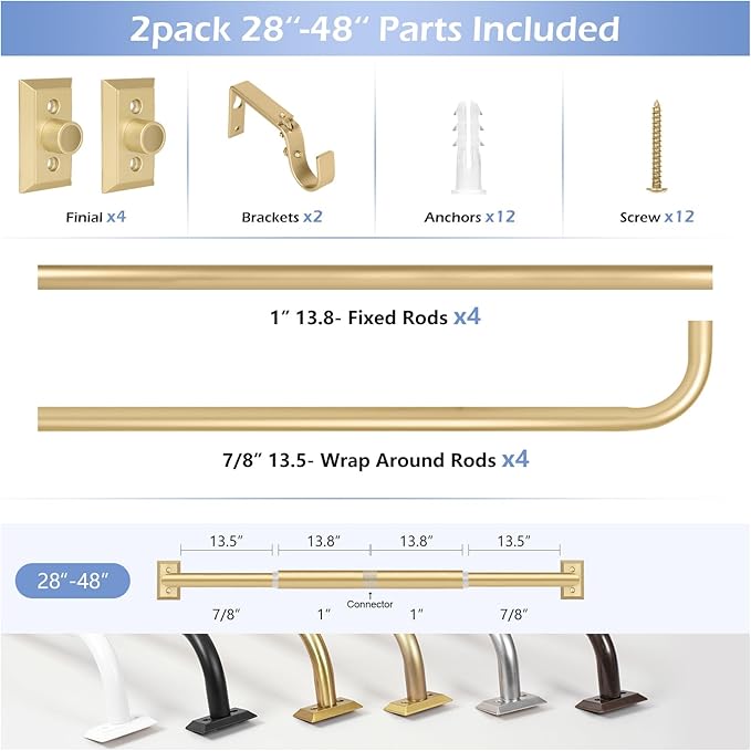Gold Wrap Around Curtain Rods 2 Pack:Blackout Heavy Duty Adjustable Window Curtain Rod Room Darkening, Modern Industrial Curved French Return Metal Drapery Rods Easy Install,Brass Gold 28-48"