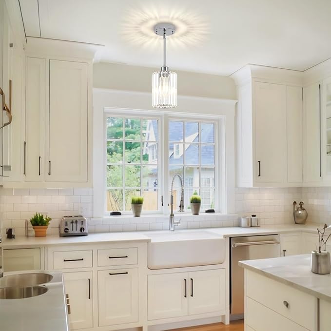 Chrome Pendant Lights,3 Pack Crystal Pendant Lighting for Kitchen Island, Modern Mini Kitchen Chandeliers Hanging Pendant Lights for Bedroom Dining Room Hallway