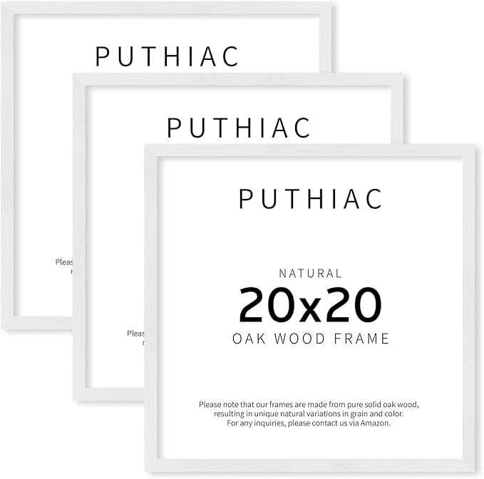 20x20 White Picture Frames for Wall - Minimalist 20x20 Oak Wood Frames, 20"x20" Picture Frame Wood, Natural Solid Wooden Picture Frames for Wall Art Photo and Prints (3 Pack, White)