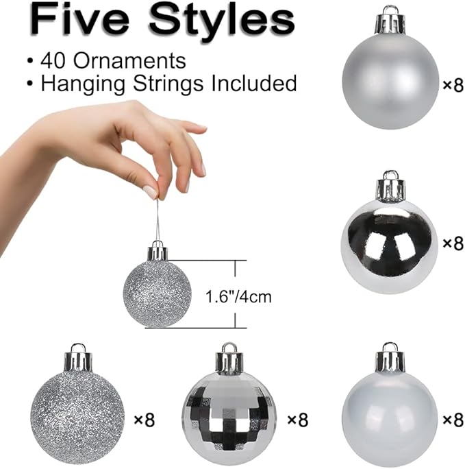 1.57" Silver Christmas Balls Ornaments 40 Pcs Shatterproof Christmas Ornaments Set Small Halloween Silver Ornament for Xmas Tree Holiday Party