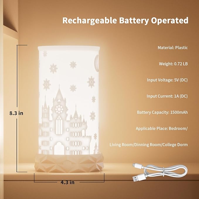 Indoor Battery Operated Table Lamp, 1500mAh Rechargeable Bedside Lamp 3 Color Temperatures with Rotatable Lampshade, USB C Charging Touch Control Nightstand Lamp for Bedroom, Dinning Room, Dorm