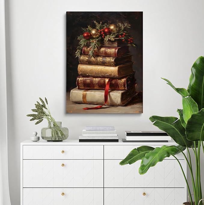 Christmas Berries & Book Wall Art, Berries on Stack of Books, Still Life Print, Vintage Christmas Decor, Winter Print Oil Painting, Dark Academia, 16x24inch Framed Art