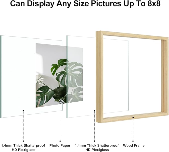 Egofine 8x8 Floating Frames Set of 2, Double Plexiglass Picture Frame, Made of Solid Wood Display Any Size Photo up to 8x8, Wall Mount or Tabletop Standing, Natural Wood