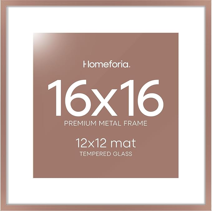 Homeforia 16x16 Picture Frame Mocha, High End Metal 16x16 Square Poster Frame Matted to 12x12 Print, 16 x 16 Mocha Frames with Mat 12 x 12 Photo, 16by16 Thin Frames, Tempered Glass, Wall Kit, Set of 1