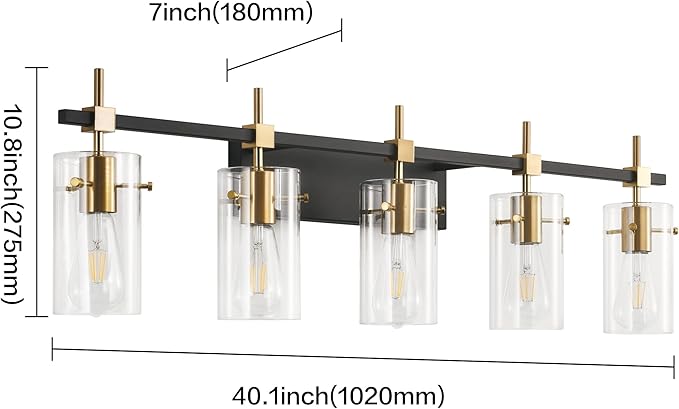 SOLFART 40.1 inch Vintage Brass Bathroom Vanity Light fixtures Bathroom Wall Lights Over Mirror with Glass Shade 5 Light
