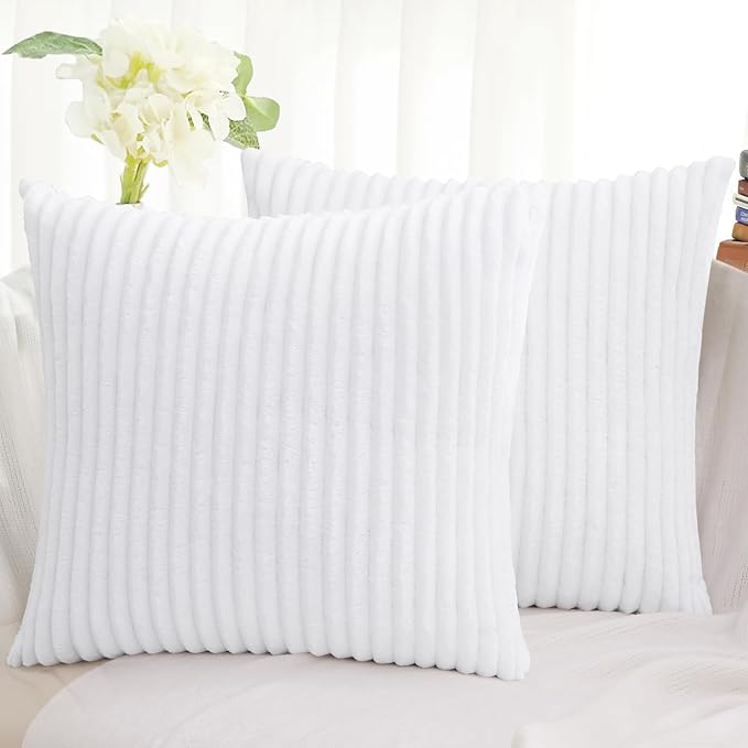 Simmore Decorative Christmas Throw Pillow Covers 24x24 Set of 2, Soft Natural Plush Flannel Double-Sided Fluffy Couch Pillow Covers for Sofa Living Room, White