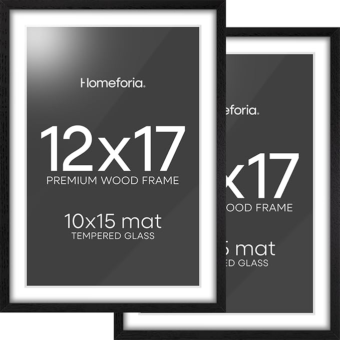 Homeforia 12x17 Picture Frame Black Wood, High End Oak 12x17 Poster Frames with Mat 10x15 Photo, 12 x 17 Wooden Frame Matted to 10 by 15 Print, 17x12 Hanging Frames, Tempered Glass, Wall Kit, Set of 2