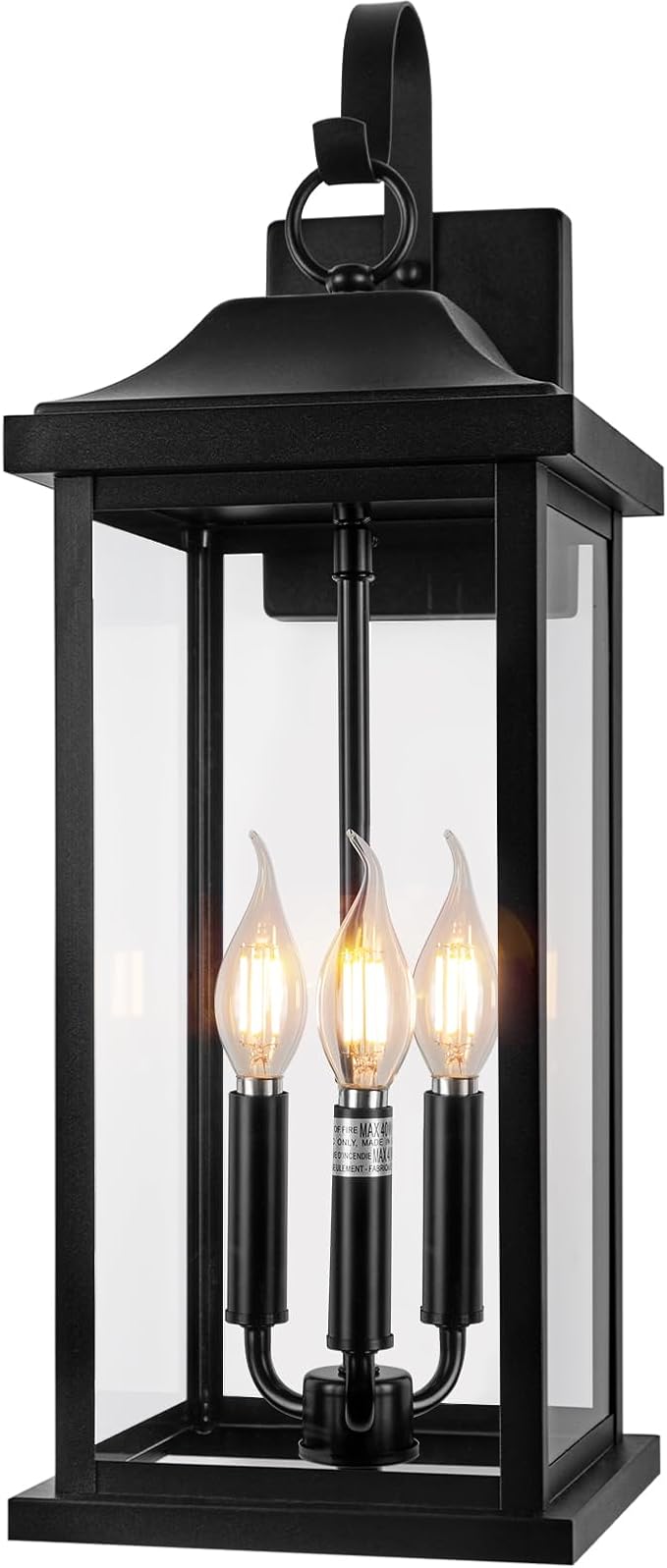 23” Extra Large 3-Light Outdoor Light Fixture 1-Pack, IP65 Waterproof Exterior Light Fixture with Clear Tempered Glass Modern Outside Wall Mount Lamp Matte Black Front Porch Lantern, E12