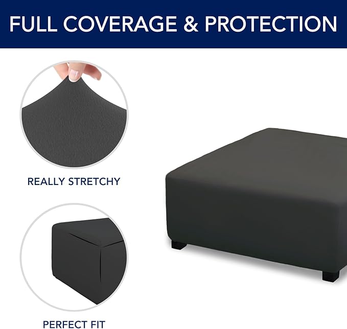 PureFit Super Stretch Form Fit Square Ottoman Cover Rectangle - Ottoman Slipcovers for Foot Stool & Folding Storage Furniture for Living Room with Nonslip Elastic Bottom (Medium-XL, Dark Gray)