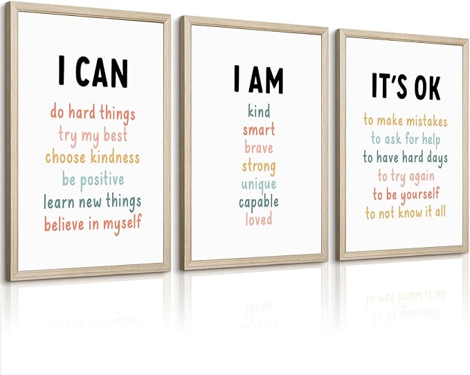 Kids Affirmation Wall Art Positive Canvas Wall Decor Inspirational Quotes Wall Art Motivational Words Pictures Daily Affirmations Poster Nursery Prints for Playroom Children Room 16x24x3 Inch Framed