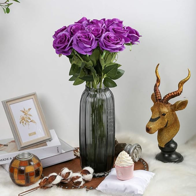 IPOPU 6PCS Purple Silk Lop-Sided Rose Artificial Flower with Long Stem Fake Leaf Roses, Artificial Long Stem Fake Roses Suitable for DIY Wedding, Home Decoration and Outdoor Party.
