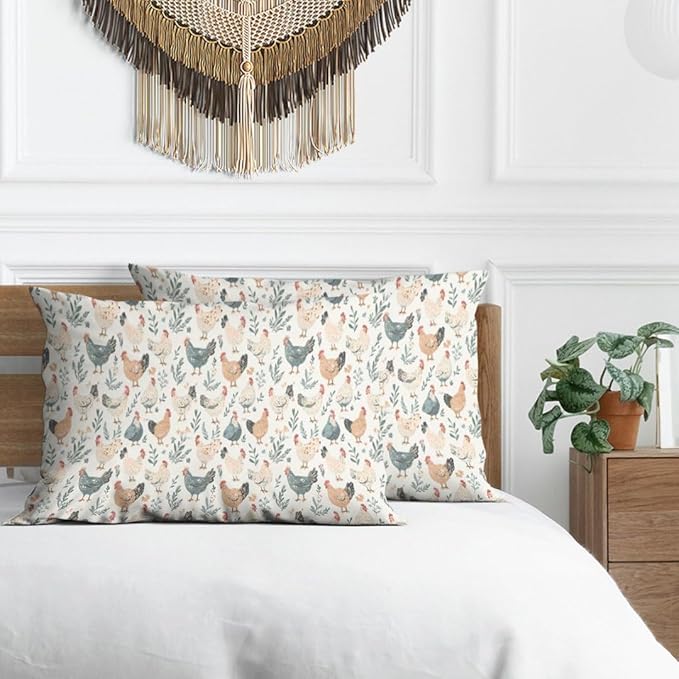 Chicken Pillowcases Set of 2 Funny Rooster Bed Pillow Protectors with Zipper Standard Size Boho Rustic Floral Botanical Throw Pillow Covers for Couch Nursery Bedding Decorative 24"X12"