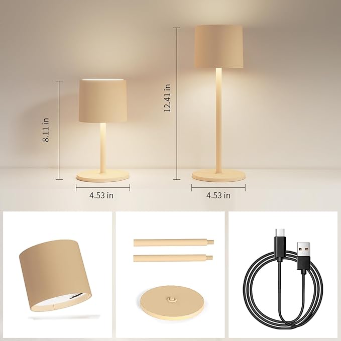 2-Pack Cordless Table Lamp, Portable LED Desk Lamps, 4400mAh Battery Powered Wireless Table Light, 3 Color Stepless Dimming Up,for Restaurant, Bedroom, Outdoor Camping, Night Light (Sand)