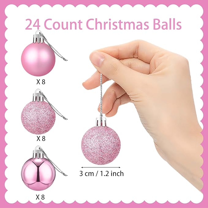 24 Count Mini Pink Ornaments for Mini Christmas Tree, Small Shatterproof Christmas Tree Ornaments Balls Party Decorations, 1.2 Inch