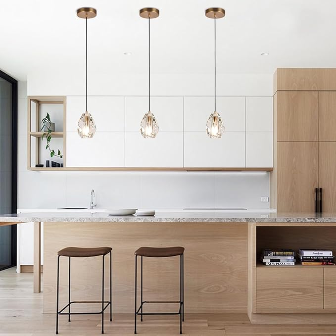 Prism Crystal Pendant Lighting, Matte Brass Ceiling Pendant Light Fixture, Modern Pendant Island Dimmable Light for Kitchen Dining Room