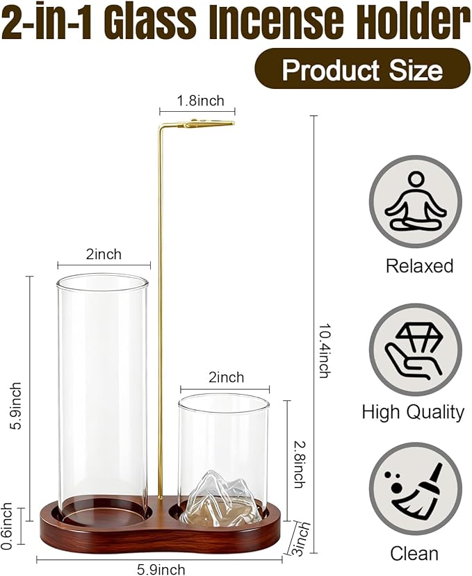 2-in-1 Walnut Wood Glass Incense Holder for Sticks, Anti-Ash Flying Incense Burner with Glass Ash Catcher & Incense Storage, Incense Stick Holder for Meditation, Yoga, Spa, and Home Decor