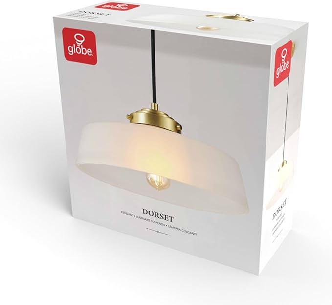 GLOBE Electric 67000098 1-Light Pendant Light Fixture, Brass Finish, Frosted Glass Shade, Black Braided Fabric Cord, Living Room Pendant Light, Kitchen Island Lighting, Hanging Lights for Bedroom