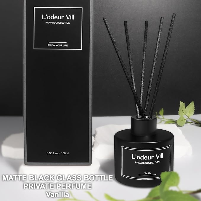 L'odeur Vill Reed Diffuser, 3.4oz(100ml) Vanilla Reed Diffuser Set with 6 Oil Diffuser Sticks, Matte Black Aroma Scent Diffuser, Long Lasting Home Fragrance for Bathroom Shelf Decor