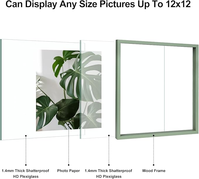 Egofine 12x12 Floating Frames Set of 2, Double Plexiglass Picture Frame, Made of Solid Wood Display Any Size Photo up to 12x12, Wall Mount or Tabletop Standing, Green