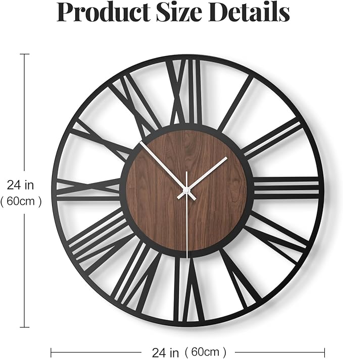 24 inch Large Wall Clock for Living Room Decor, Decorative Wood Metal Wall Clock Battery Operated Silent Non Ticking, Modern Black Round Big Clocks for Bedroom, Kitchen, Office Decor-Roman Numerals