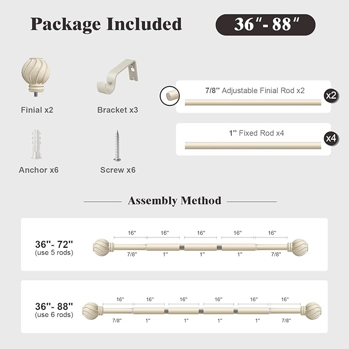 Oneach White Curtain Rods for Windows 48 to 84 Inch, 7/8" Adjustable Heavy Duty Decorative Drapery Rods with Round Netted Texture Finials (Pack of 1, 36 to 88 Inch)