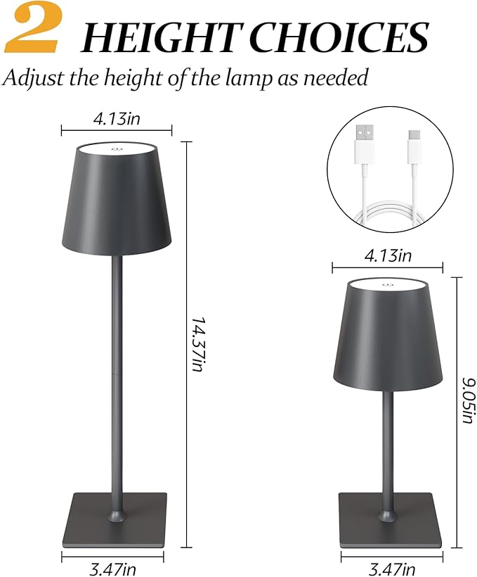 2 Pack Cordless Table Lamps, 3 Colors Stepless Dimming, 5000mAh Rechargeable Battery LED Desk Lamp for Bedroom/Couple Dinner/Desk/Cafe/Dining Room/Terrace