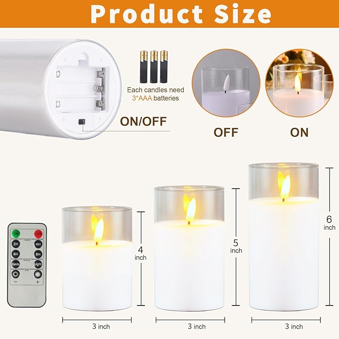Tyawon Glass Battery Operated LED Flameless Candles with Remote and Timer, Real Wax Candles Warm Color Flickering Light for Festival Wedding Home Party Decor(Pack of 3)-White