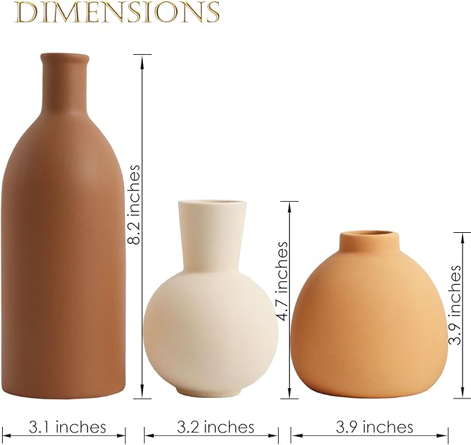 Ceramic Vase Set of 3 - Handcrafted Ceramic Vases for Home Decor & Shelf - Modern Farmhouse Decor for Kitchen, Office, Bedroom & Living Room Decorative Objects for Mantel, Table Centerpieces