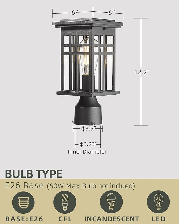 HWH INVESTMENT Industrial Outdoor Post Lantern, Exterior Pillar Light, Waterproof Pole Lantern with Clear Glass Shade, Matte Black Finish, 5HD36P BK