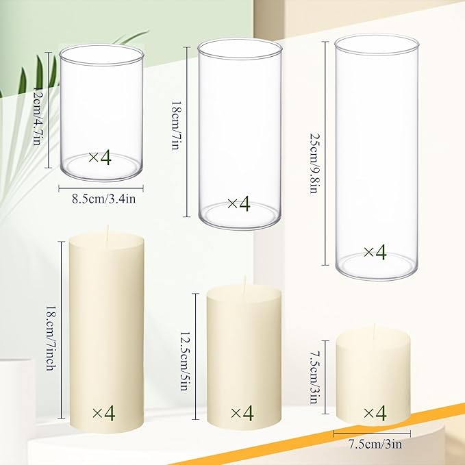 Shihanee Set of 12 Pillar Candles and Glass Cylinder Vases Clear Cylinder CandleHolders for Slim Pillar Candles Wedding Centerpieces(3.4''x 4.7'', 7'', 9.8'',Ivory White)
