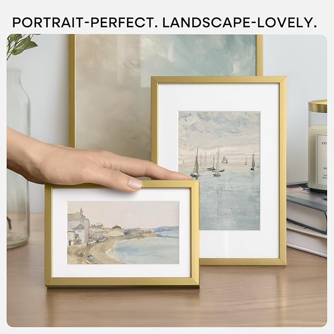 Homeforia 4x6 Picture Frame Gold, High End Metal 4 x 6 Gold Frames with Mat 3 x 5 for Print, 4by6 Desk Frame Matted to 3x5 inch Photo, 4 by 6 Wall or Tabletop Frame, Tempered Glass, Wall Kit, Set of 1