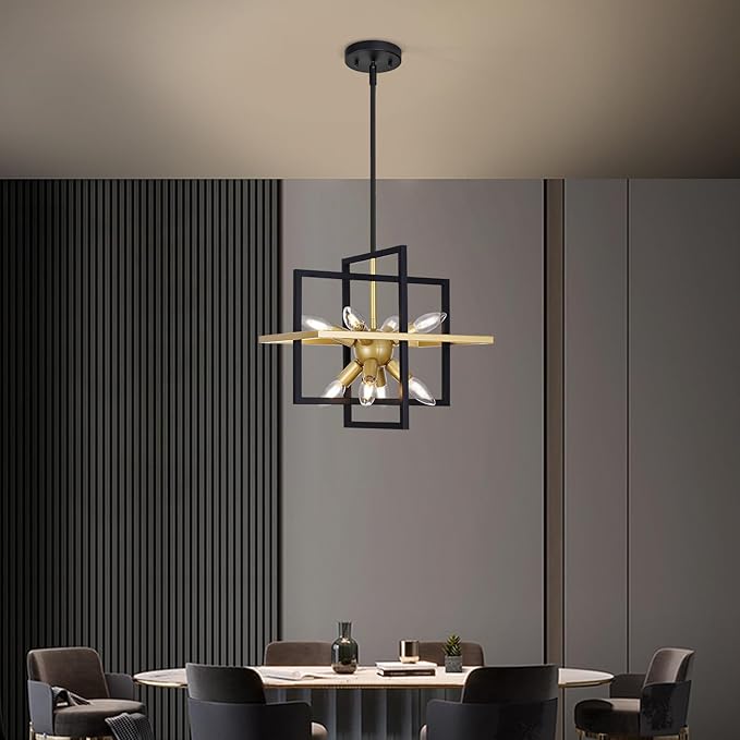 Small Black Gold Chandelier, Modern 8-Light Geometric Pendant Light Fixture, Industrial Square Hanging Chandelier for Dining Room, Kitchen Island, Foyer, Hallway