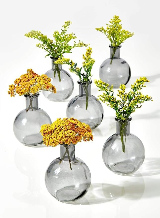 Serene Spaces Living Set of 6 Small Smoke Grey Ball Bud Vases, Transparent Glass Vases for Weddings, Events, Parties, Floral Centerpieces for Home Decor, Measures 4" Tall