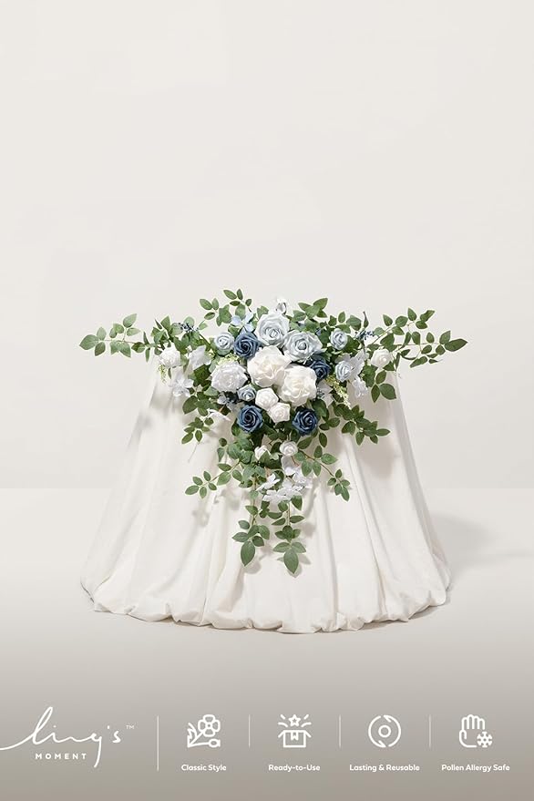 Ling's moment Dusty Blue Artificial Flower Garland Wedding Arch Flowers Floral Swags Table Centerpieces White Rose Arrangements for Sweetheart Table Easel Wall Entryway Board Backdrop Decor 2PCS
