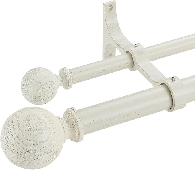 White Wood Grain Window Rods, Double Curtain Rod 72-144” Telescoping Length 1Inch Diameter Front Poles and 5/8Inch Diameter Back Poles