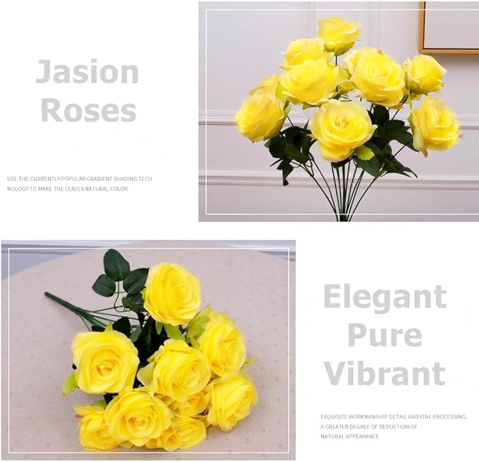 Jasion 4 Bundles Artificial Roses Flowers 10 Heads Arrangement Silk Bridal Bouquet for Home Office Parties and Wedding Decoration (Yellow 4pcs)
