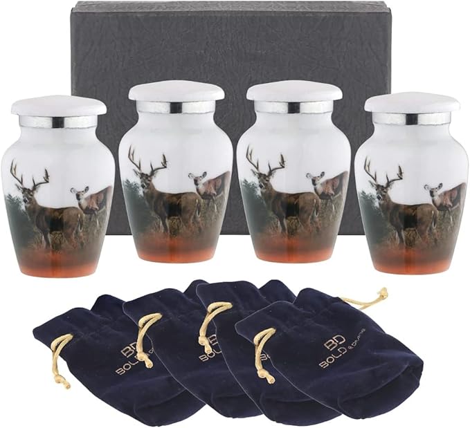 Bold & Divine Keepsake Cremation Urn | Set of 4 Keepsake Memorial Urns Burial Ash Storage Decorative Urns with Paper Funnel Velvet Carry Bag and Gift Box
