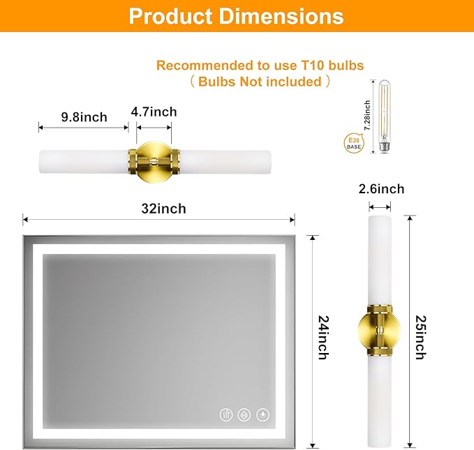 LaLuLa Gold Bathroom Vanity Light Fixtures – 2-Light Hardwired Wall Sconces with Frosted Glass Shades and Textured Metal Frame, Modern Vanity Lighting for Mirror, Bedroom, or Hallway, 25”