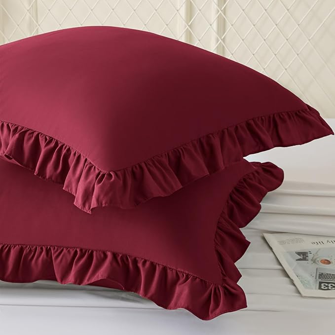 KKJIAF Ruffle Pillow Cases 24x24 Inches, Burgundy Square Ruffled Pillow Covers Set of 2, Microfiber Wrinkle Resistant Pillow Shams with Envelope Closure for Sofa Bed Living Room