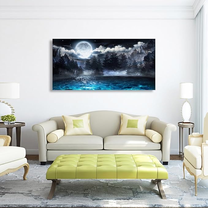 Moon Ocean Pictures Canvas Wall Art for Living room Office Bedroom Wall Decor,Ocean Wall Art Print Paintings Modern Mystery Cloud Forest Blue Lake Artwork Waterproof Ready to Hang-24X48 inch