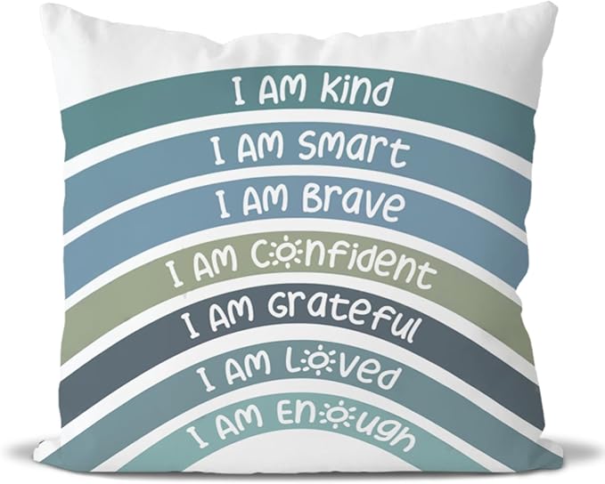 QIYUHOY Boho Rainbow Classroom Throw Pillow Covers, Book Center Calming Corner Playroom Decor Pillow Case, Purple Pillow Cover, I Am Kind Smart Brave Confidence 18x18 Inch (Olive)