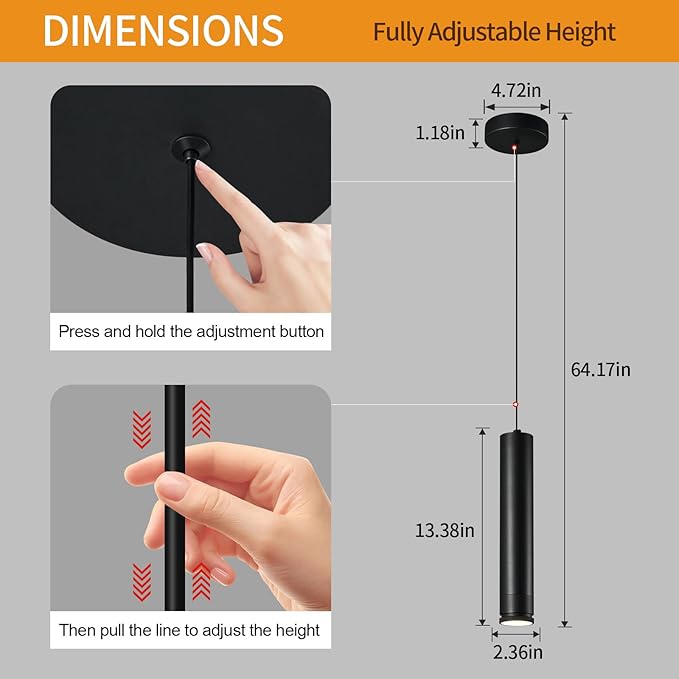 Adjustable Focus LED Pendant Lights Kitchen Island 2 Pack Black Pendant Light Mini Modern Pendant Lighting for Kitchen Bedroom Dining Room Cylinder Pendant Spot Light, 4000K