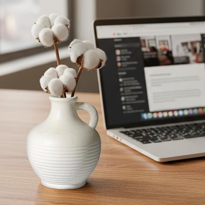 White Ceramic Vase, Rustic Farmhouse Vase with Handle, Pottery Vases for Flower, Farmhouse Decor, Centerpiece Table Decorations, 6 inch