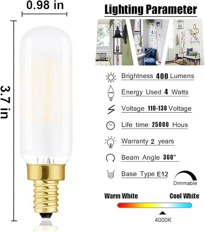 E12 Led Bulb, T6.5 Dimmable E12 Candelabra Led Light Bulbs 4W Equal 40 watt Light Bulb 4000K Daylight White,T6 Frosted LED Bulb,400LM,40W Candelabra Led Filament Candle Bulbs for Chandeliers-6Pack