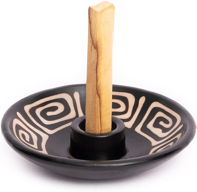 Luna Sundara Authentic Peru Pottery Palo Santo Stick Holder and Incense Holder with 5 Palo Santo Sticks Handmade Ceramic Smudge Bowl Sage Holder Black and White Maze Gift Set